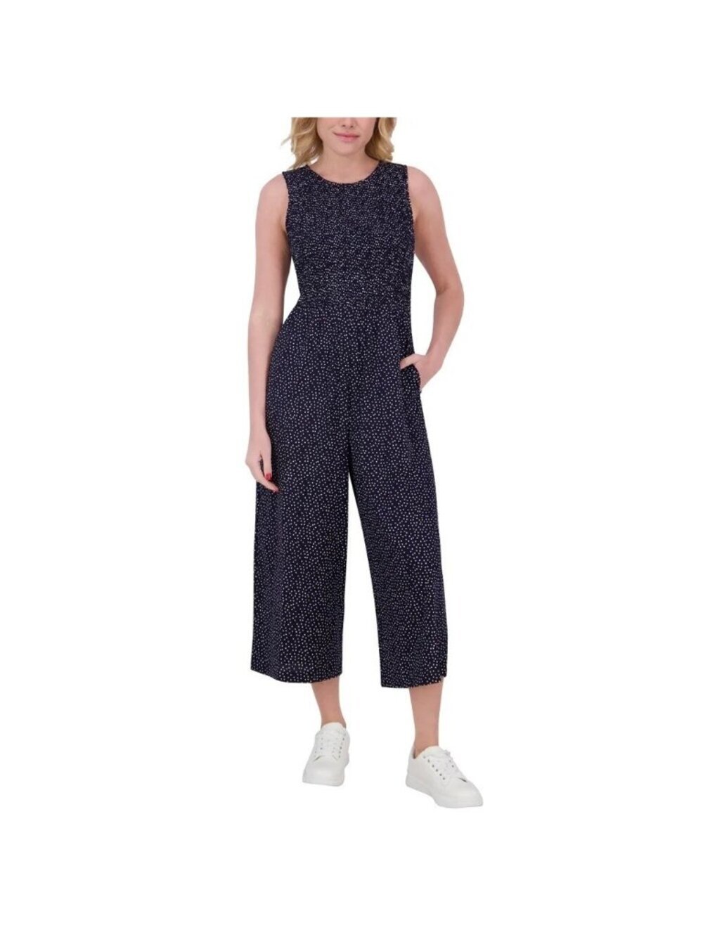 NWT Andrew Marc Women's L Navy Polka Dot Sleeveless Romper B0610